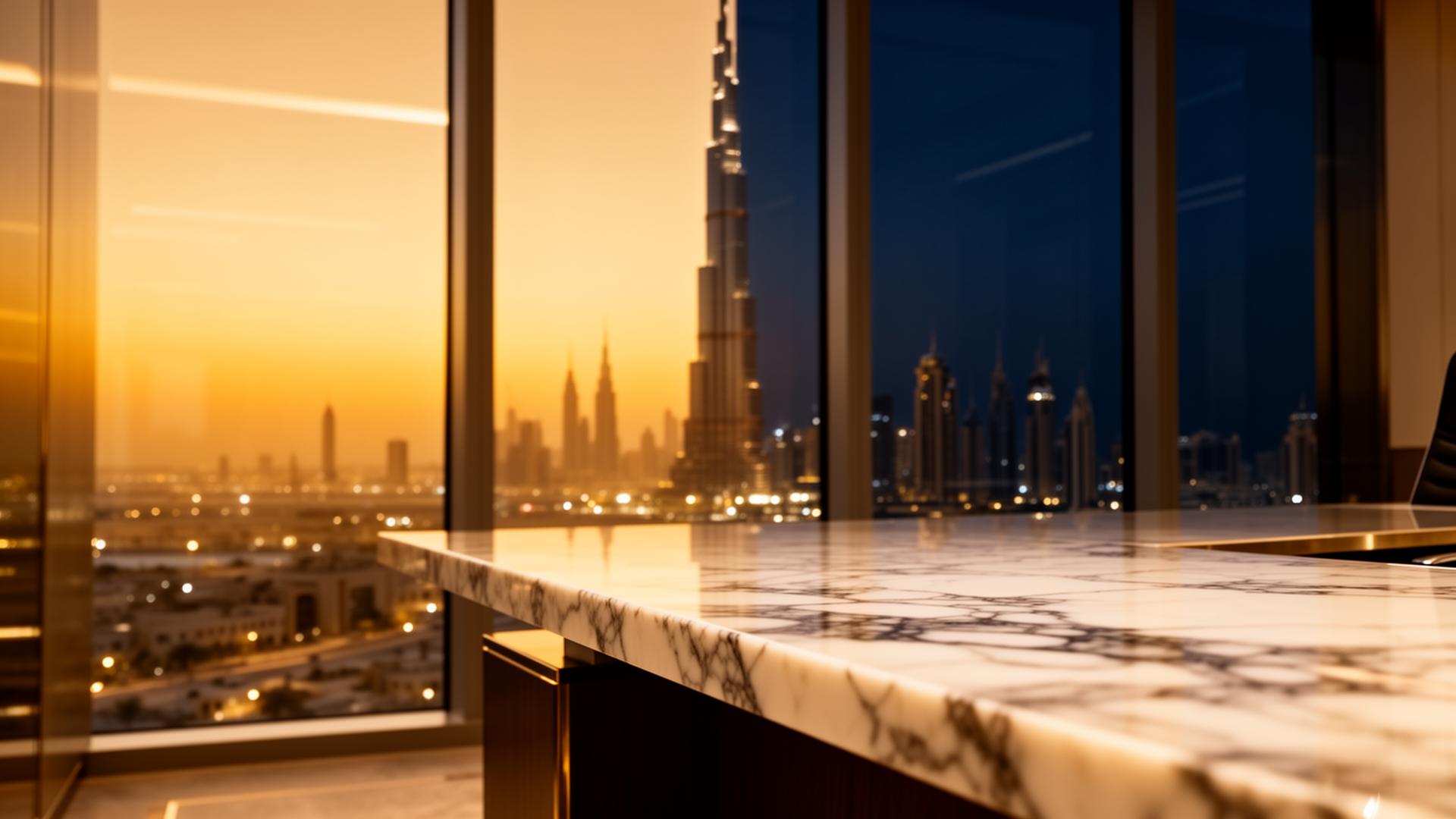 Dubai skyline at golden hour from a luxury office